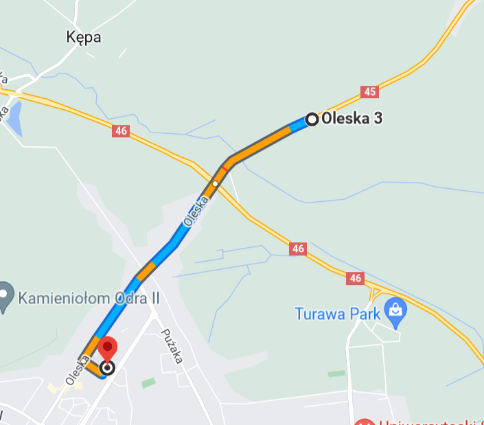 Ilustracja graficzna opisu (mapa): Sposób dojazdu na miejsce wydarzenia z różnych kierunków samochodem od strony drogi krajowej 45 wjazd od strony kierunek Kluczbork