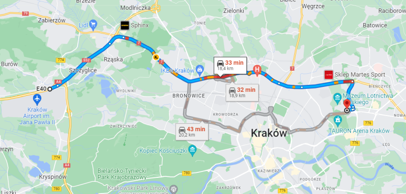 Wskazówki dojazdu transportem indywidualnym z autostrady A4 z kierunku Katowice